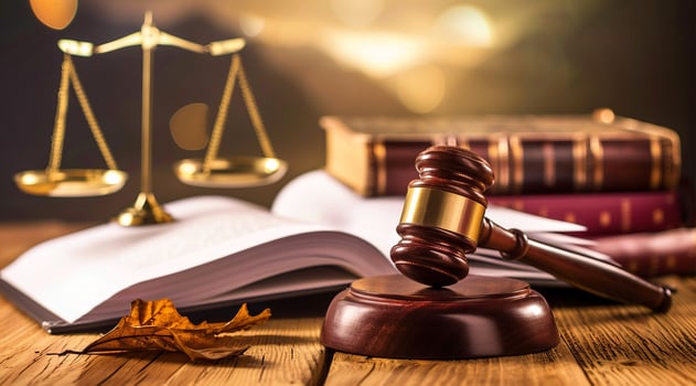A law book, gavel and pair of scales on a table. Concept of justice for all and fair jury trial photo