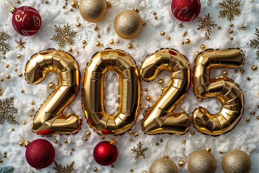 year 2025 spelled out in gold balloons. The balloons are arranged on a white surface covered in cotton-like material, surrounded by gold and red ornaments and snowflakes. photo