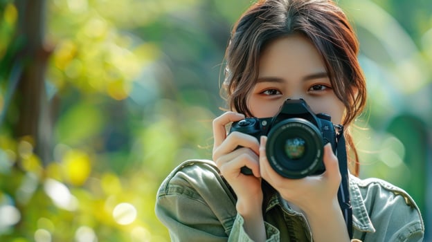 Asian woman is taking a picture with a camera photo