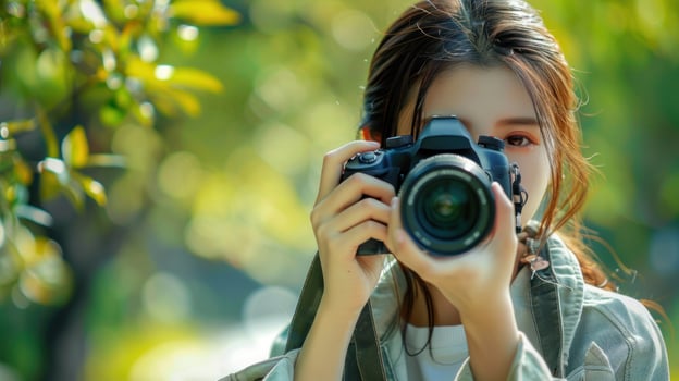 Asian woman is taking a picture with a camera photo