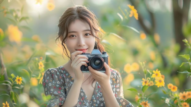 Asian woman is taking a picture with a camera photo