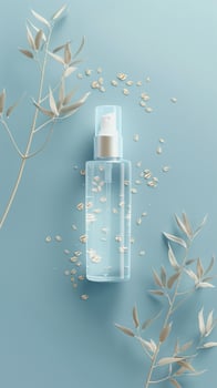 Oat water extract on bottle mockup, for skincare product treatment, oats decoration isolated blue background photo