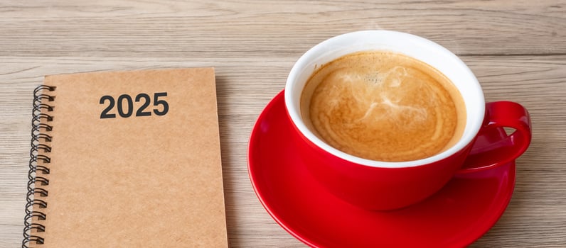 2025 notebook and coffee cup on wood table, Top view and copy space. Xmas, Happy New Year, Goals, Resolution, To do list, Strategy and Plan concept photo
