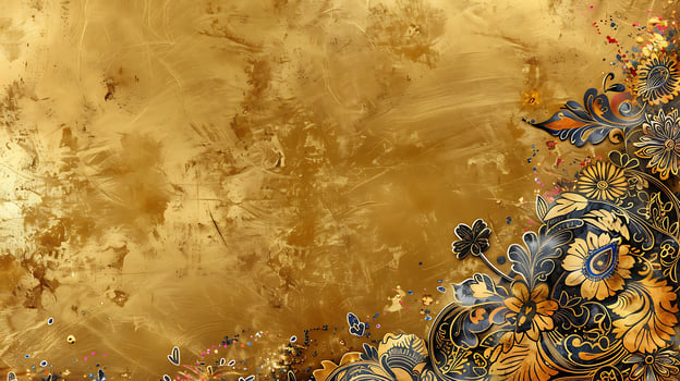 A gold and blue floral pattern on a wall photo