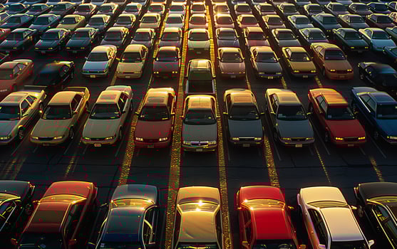 Rows of new cars parked in an urban dealership lot, showcasing modern automotive industry transport and sale in a well organized business environment. photo