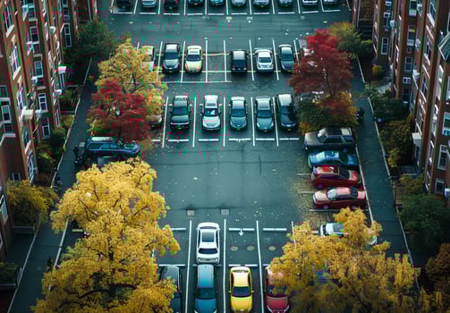 Aerial view of a crowded urban parking lot with rows of cars, showcasing the busy city environment. photo