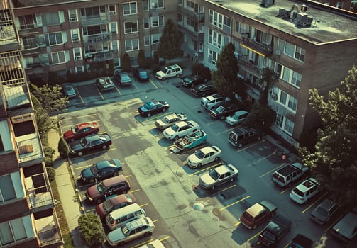 Aerial view of a crowded urban parking lot with rows of cars, showcasing the busy city environment. photo