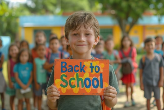 Boy holding a 'Back to School' sign with classmates behind photo