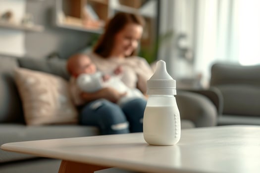 Baby feeding bottle with milk on a table in a bright room, in the background, out of focus, a mother holds a newborn in her arms while sitting on the sofa photo