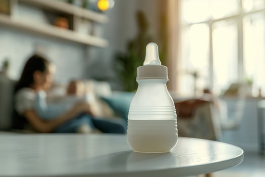 Baby feeding bottle with milk on a table in a bright room, in the background, out of focus, a mother holds a newborn in her arms while sitting on the sofa photo