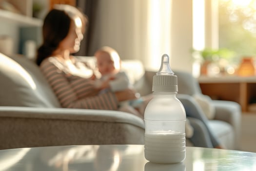 Baby feeding bottle with milk on a table in a bright room, in the background, out of focus, a mother holds a newborn in her arms while sitting on the sofa photo