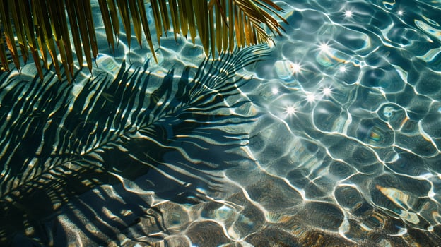 Shadow of a palm leaf against a background of transparent water photo
