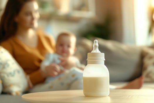 Baby feeding bottle with milk on a table in a bright room, in the background, out of focus, a mother holds a newborn in her arms while sitting on the sofa photo