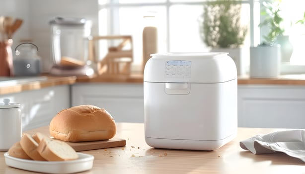 View of Electronic device bread maker and bread on a table photo