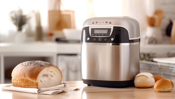 View of Electronic device bread maker and bread on a table photo