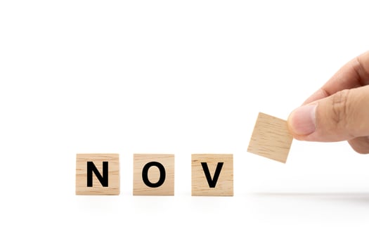 Hand place wooden blocks with NOV text isolated on white background. November and Calendar concept. Copy space. photo