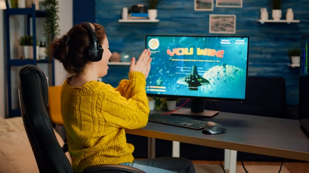 Esport of pro gamer playing game with new graphics winning championship, stylish design cyber games room. Virtual shooter game in cyberspace, esports player performing on pc gaming tournament photo