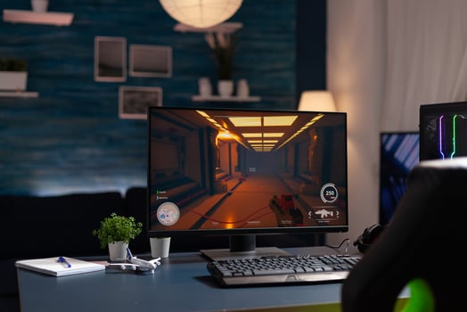 Empty room with powerful computer for online competition and streaming chair, home studio is equipped with professional gaming equipment photo