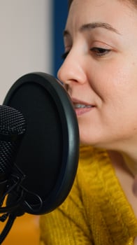 Entertainment blogger broadcasting from home studio new show in the night. On-air online production internet broadcast show host streaming live content, recording digital social media communication photo