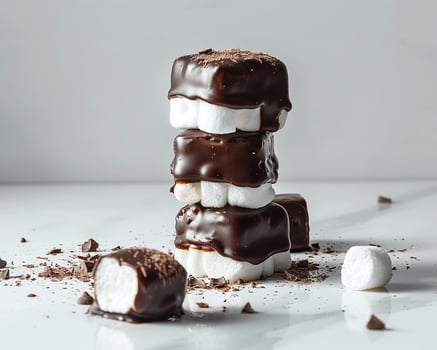 a stack of chocolate covered marshmallows on a white surface photo