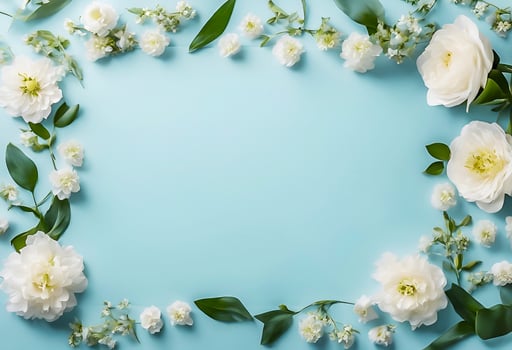 White flowers frame in soft pastel blue background. Top view. Copy space with space for text, Spring background. photo