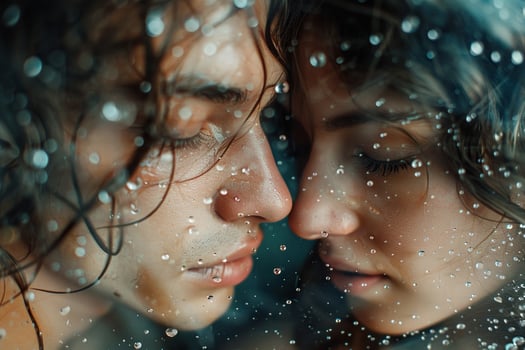 Photo of couple behind wet glass. Relationship concept. Generated by artificial intelligence