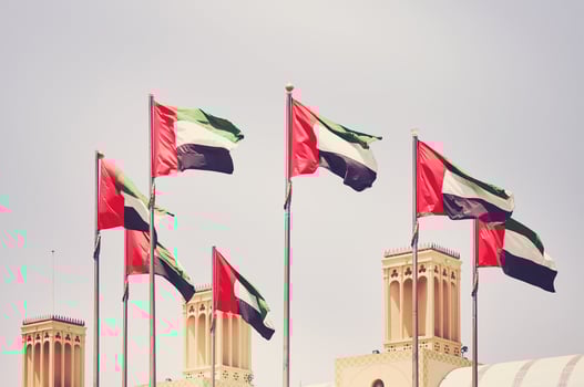 The flag of the United Arab Emirates flies high in the sky photo