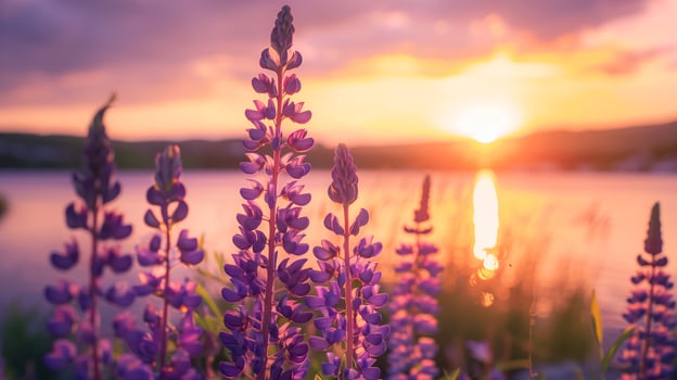 Purple flowers at sunset by the water photo