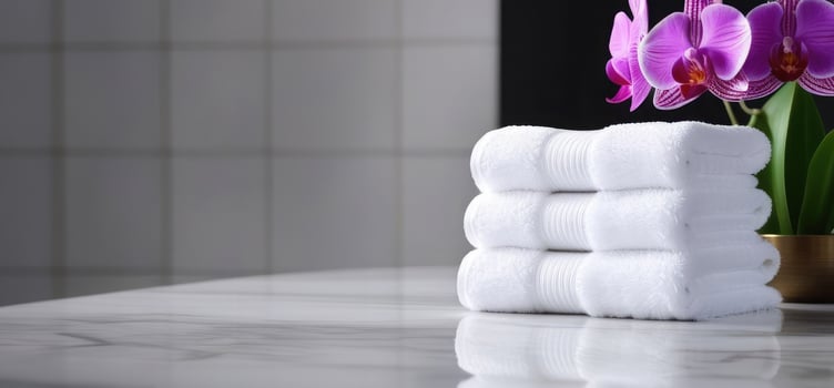 spa with neatly folded white towels and orchid flowers on marble surface, calming and serene atmosphere. Promoting recreation, wellness, spa resorts, beauty salons and health centers photo
