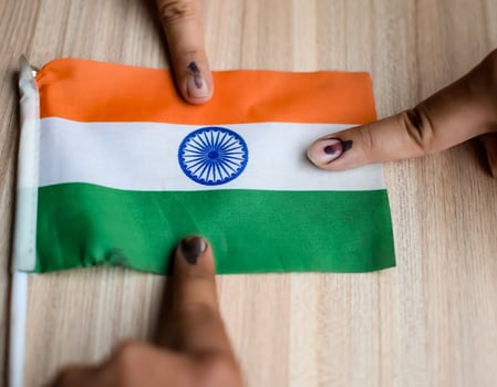 Young voter showing her ink-marked fingers after casting votes near polling booth of east Delhi, India for general Lok Sabha Elections 2024 photo