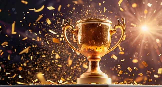 Champion golden trophy cup, surrounded by a festive explosion of colorful celebration confetti and sparkling glitter, symbolizing victory and success in a competition photo