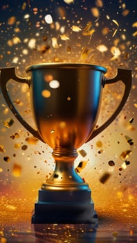 Champion golden trophy cup, surrounded by a festive explosion of colorful celebration confetti and sparkling glitter, symbolizing victory and success in a competition photo