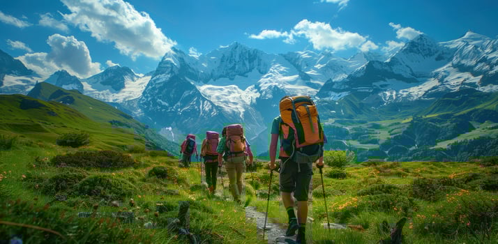 Three people with backpacks walking up a mountain trail photo