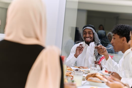 A traditional and diverse Muslim family comes together to share a delicious iftar meal during the sacred month of Ramadan, embodying the essence of familial joy, cultural richness, and spiritual unity photo