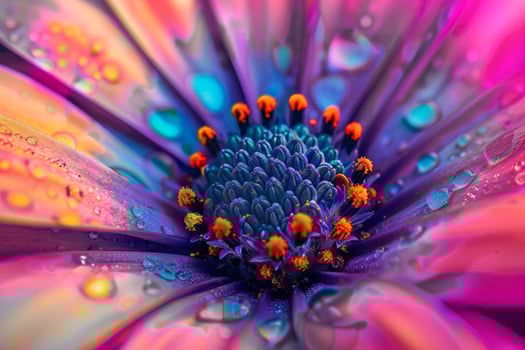 A closeup photo showing the vivid colors and intricate details of a flower adorned with water droplets
