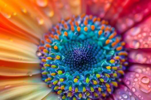 A closeup photo showing the vivid colors and intricate details of a flower adorned with water droplets