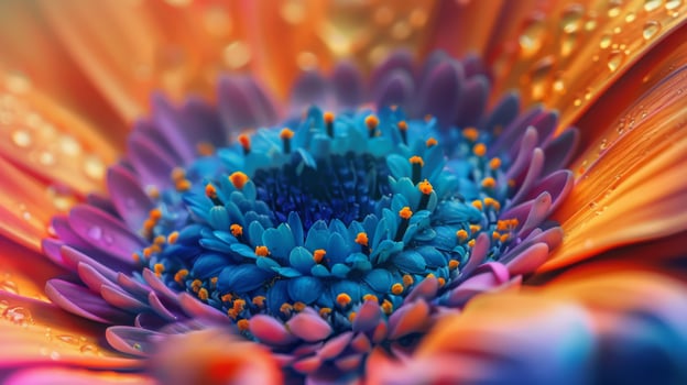 A closeup photo showing the vivid colors and intricate details of a flower adorned with water droplets
