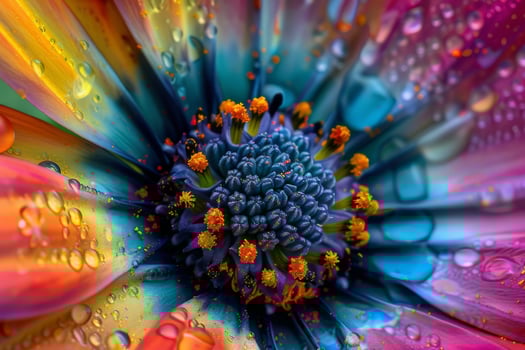A closeup photo showing the vivid colors and intricate details of a flower adorned with water droplets