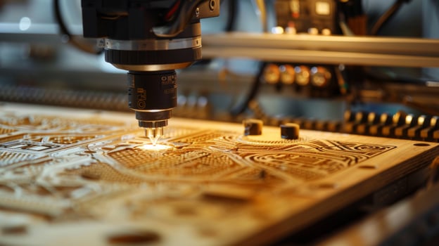A CNC router in operation, intricately carving detailed patterns into a wooden board. photo