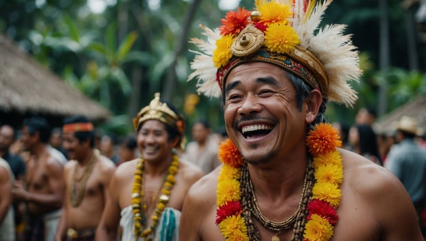 A man in traditional Balinese attire laughs joyfully, wearing a colorful headdress during a festive event. photo