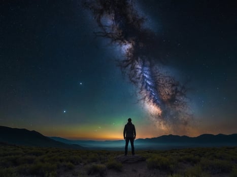 A man stands in awe before a vast expanse of stars and galaxies, surrounded by the infinite beauty of the universe. photo