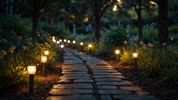 A simple yet beautiful pathway illuminated by solar lights highlighting the natural beauty of the garden. photo