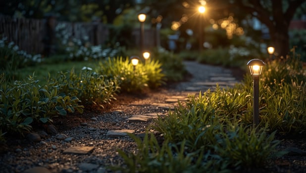 A simple yet beautiful pathway illuminated by solar lights highlighting the natural beauty of the garden. photo