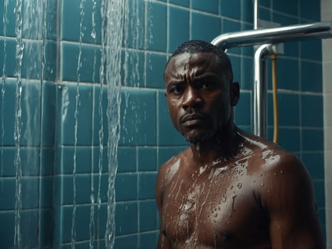 African lathered man standing in shower cabin looks at shower head feels dissatisfied due to turn off water supply Concept of household aqua debt, plumbing emergency, breakdown,. photo