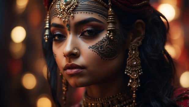 An Indian girl head tattoo is a beautiful and intricate design that depicts the face of a young woman adorned in traditional attire. photo