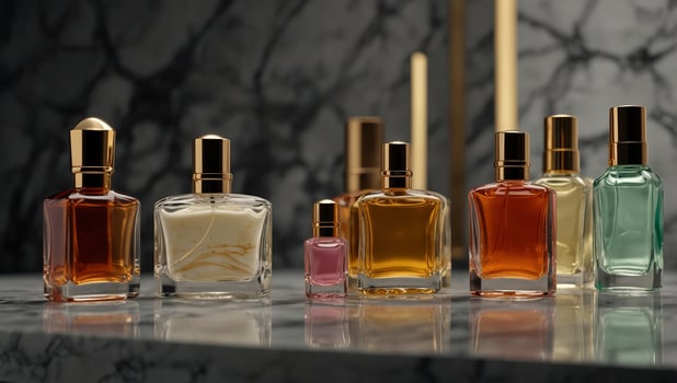 Arrangement of fragrance bottles accessories and beauty items on a marble surface room for writing. photo
