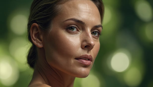 Beautiful female model, 40s years old, has perfect shiny, glowing body, facial skin, nourished and hydrated face after spa, cosmetic procedure, green background. photo