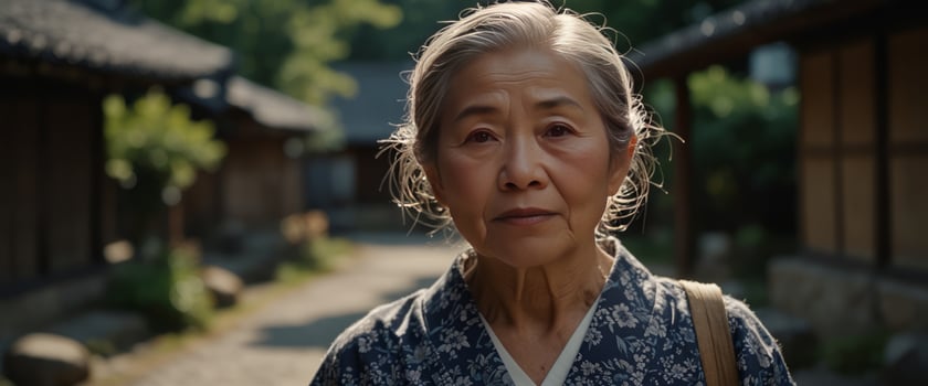 Beautiful japanese senior woman walking in the village Typical japanese traditional lifestyle. photo