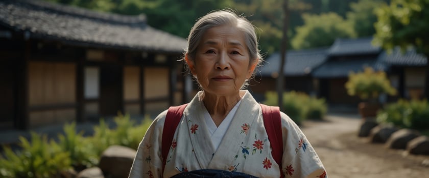 Beautiful japanese senior woman walking in the village Typical japanese traditional lifestyle. photo