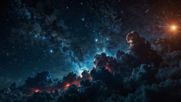 Blue night sky, celestial explosion, and glowing nebula in a futuristic backdrop. photo